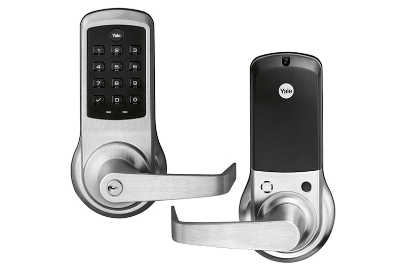 A pair of electronic locks with keys on the handle.