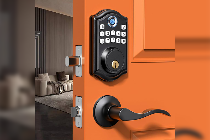 A door with an electronic lock and a key pad.