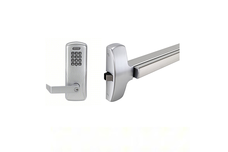 A door handle and electronic lock are shown.