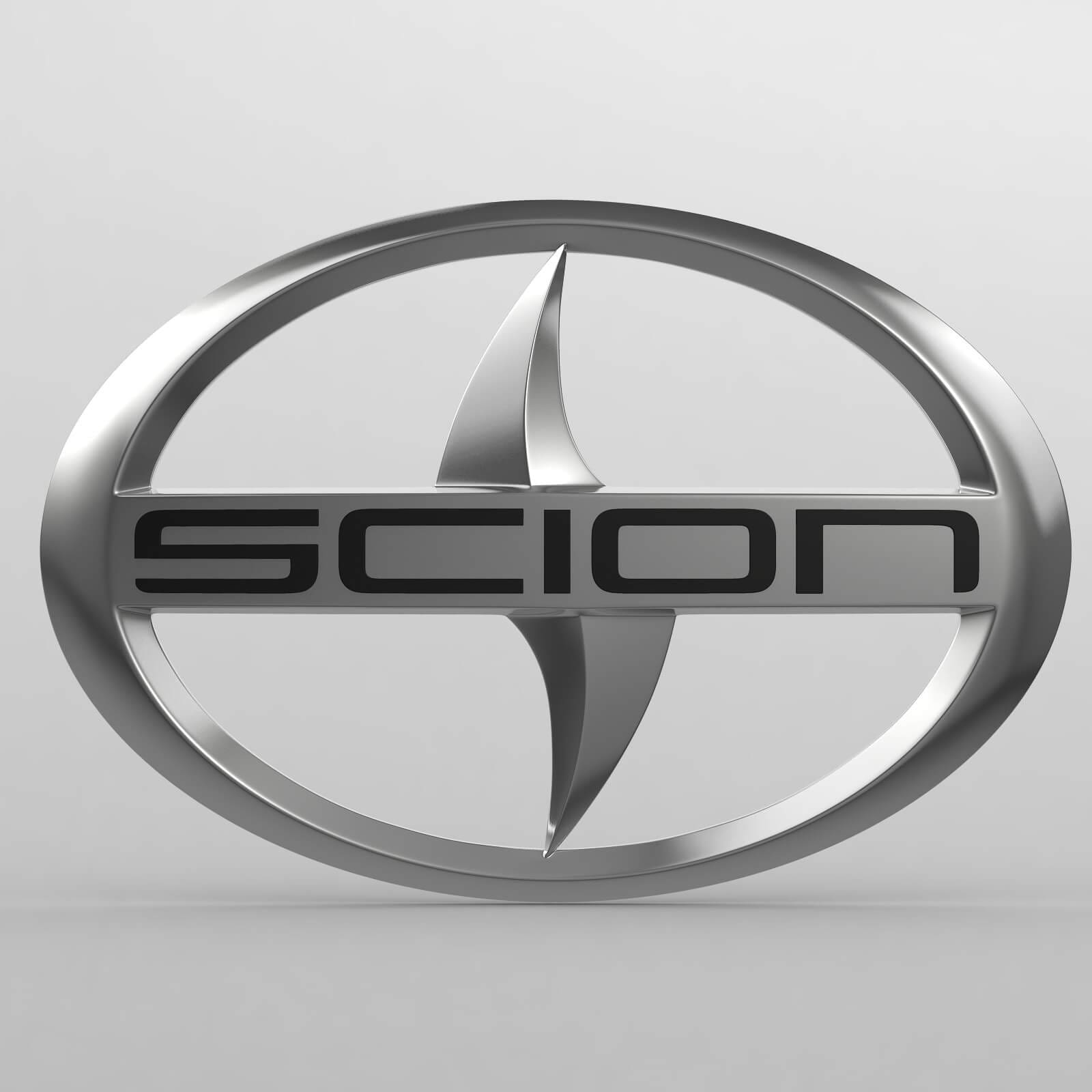 A silver scion logo on top of a white background.