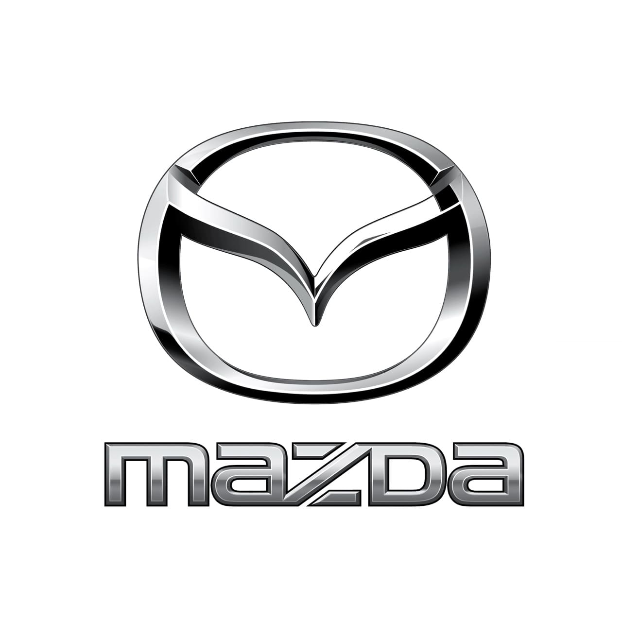 A mazda logo is shown on the side of a car.