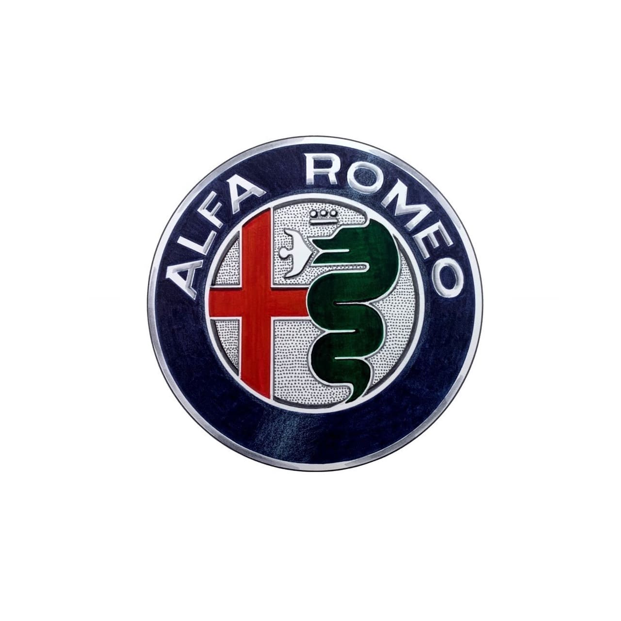 A blue and white alfa romeo logo on top of a white background.