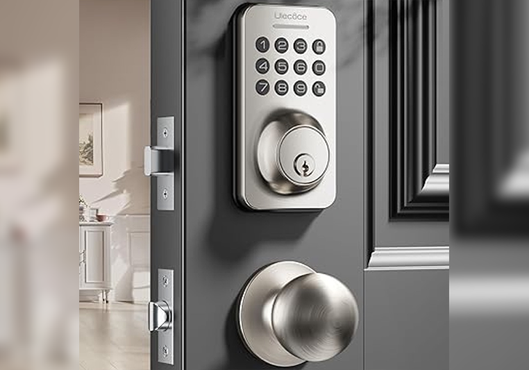 A door with a combination lock and a remote control.